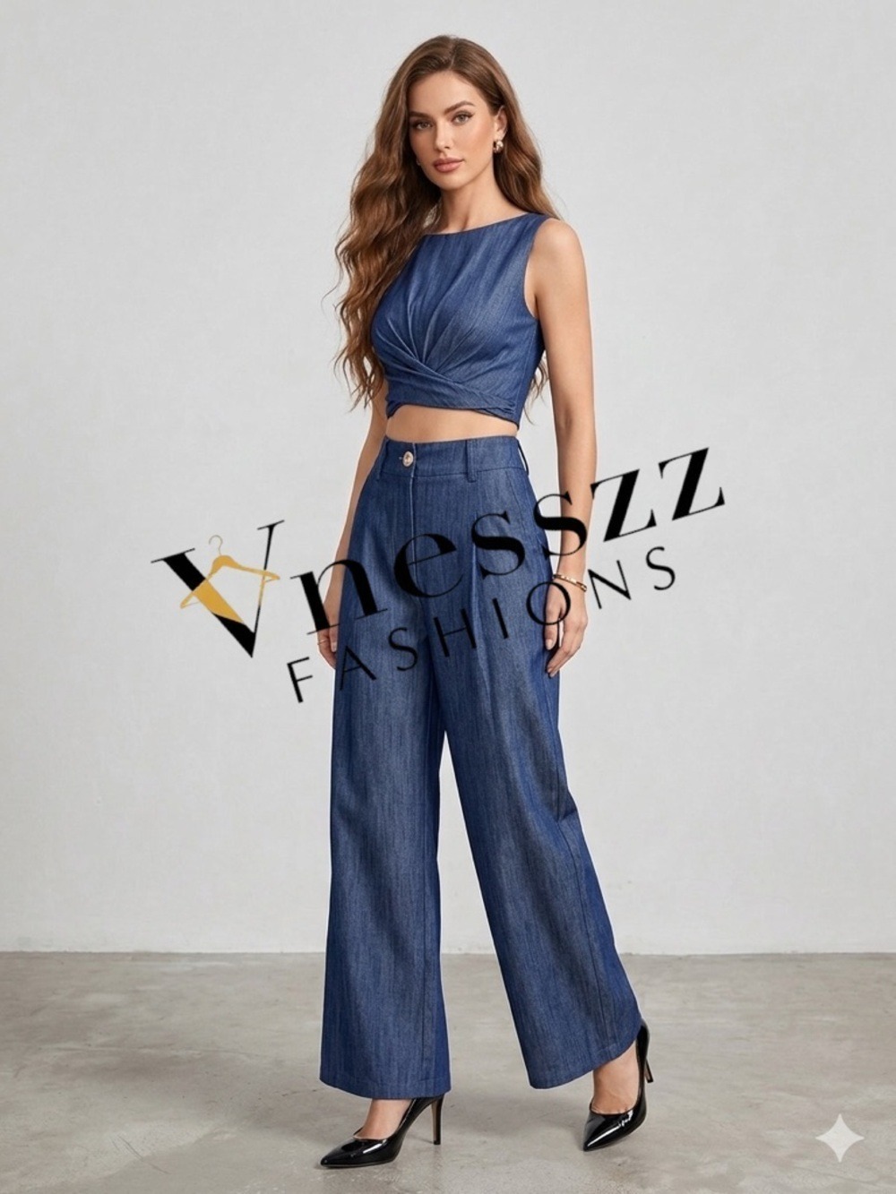Commense SET Cross-Tie Crop Top & Wide-Leg Pants Set See Description